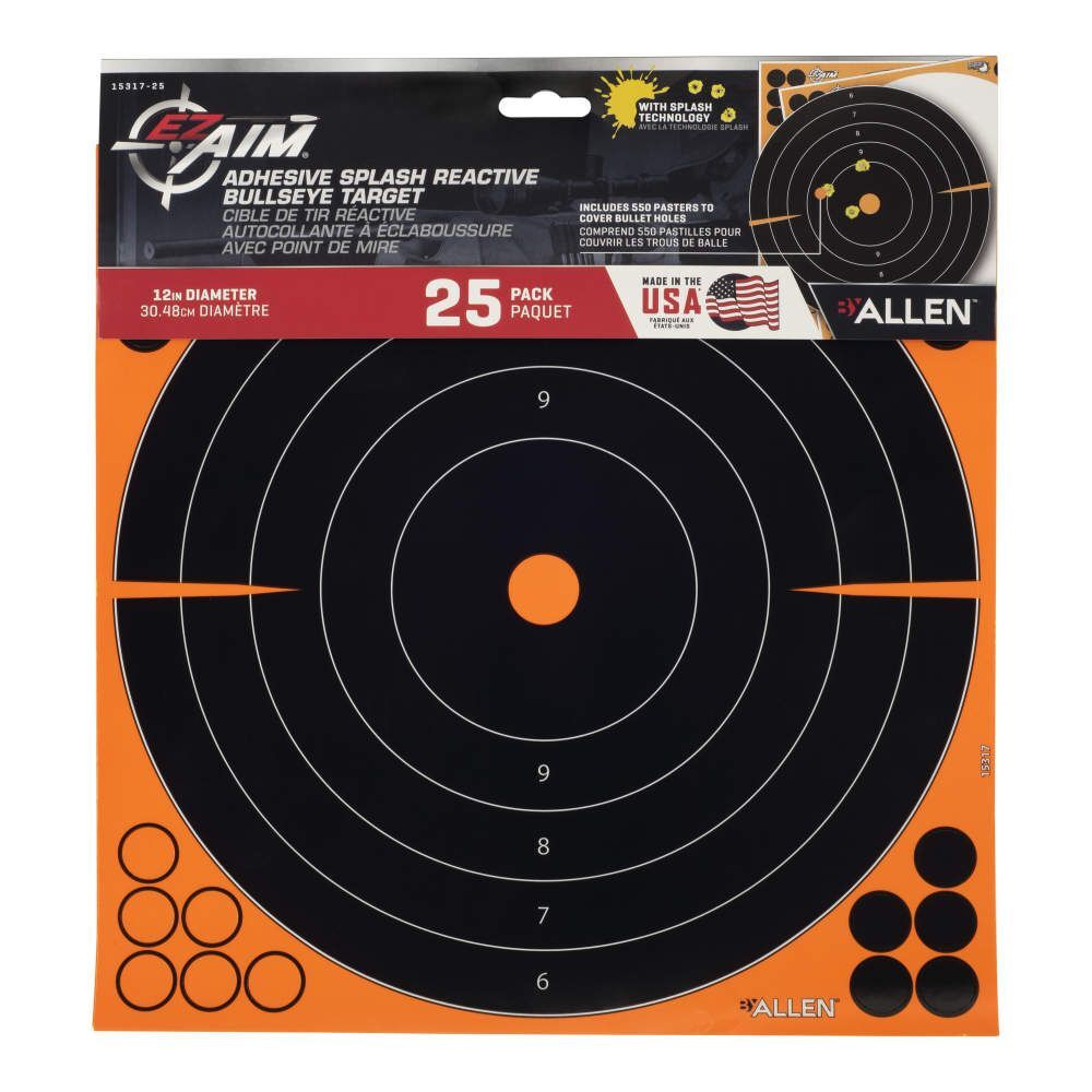 Allen EZ Aim Adhesive Splash Reactive Bullseye Paper Shooting Targets, 12"W X 12"H, 5-Pk