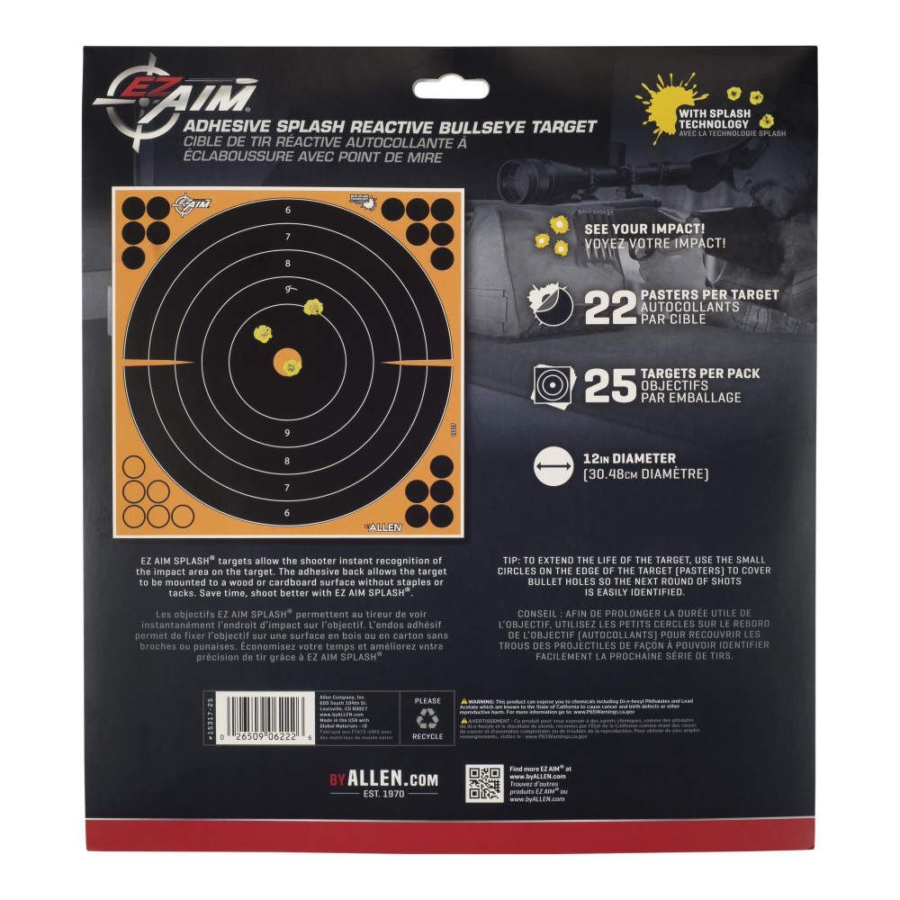 Allen EZ Aim Adhesive Splash Reactive Bullseye Paper Shooting Targets, 12"W X 12"H, 5-Pk
