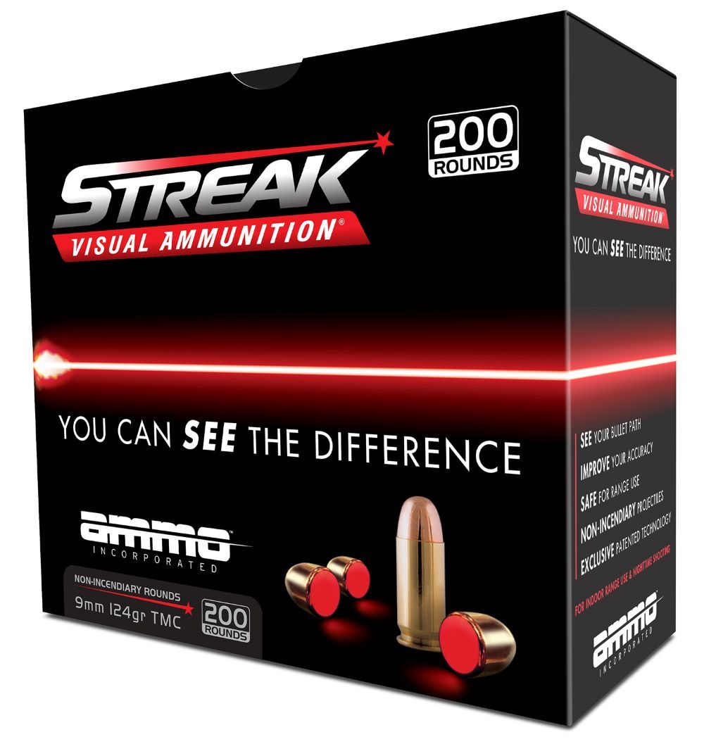 Ammo Inc Streak Visual 9mm, 124 Grain Total Metal Jacket Non-Incendiary Tracer Pistol Ammo, 200-Rd