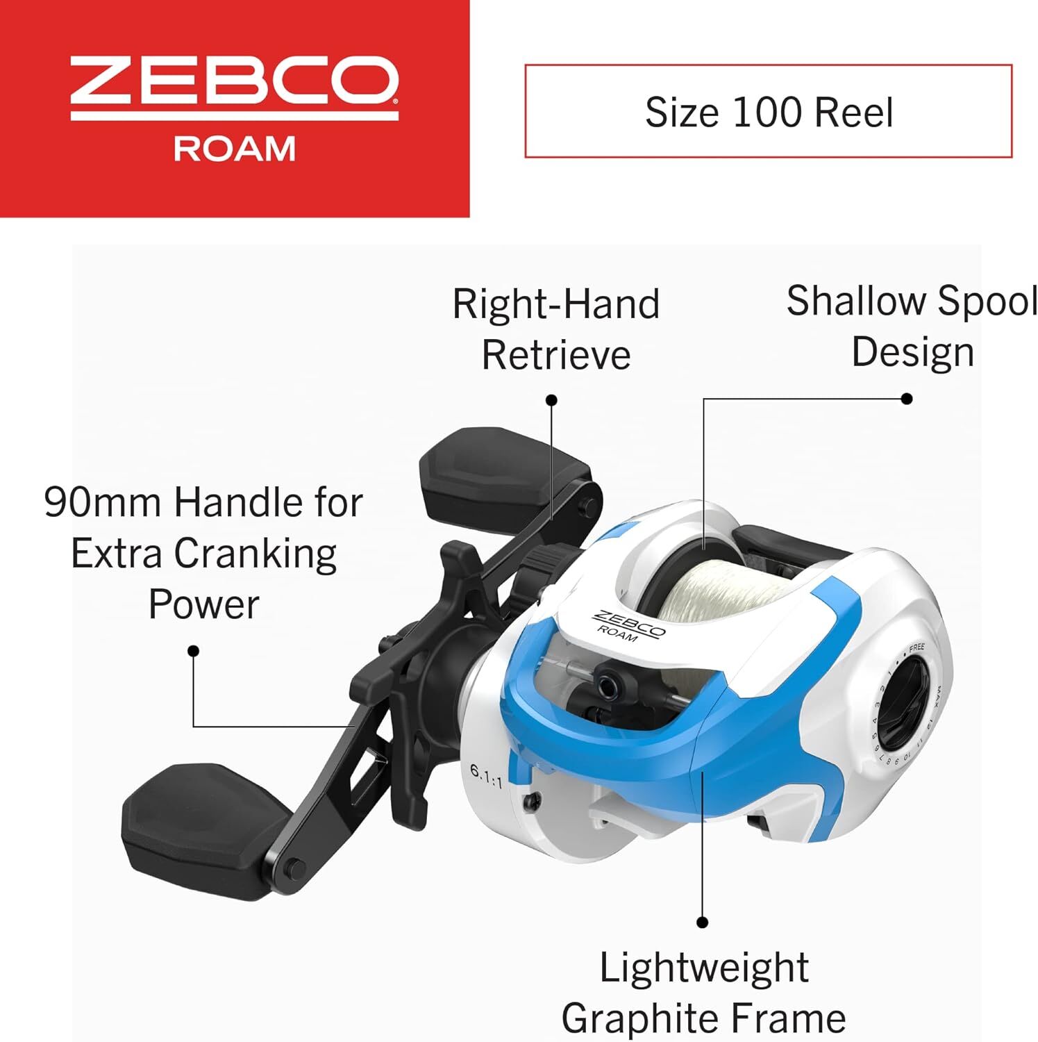 Zebco Roam Blue Baitcast Combo Medium-Heavy, 2-Piece, 6 1/2-Ft