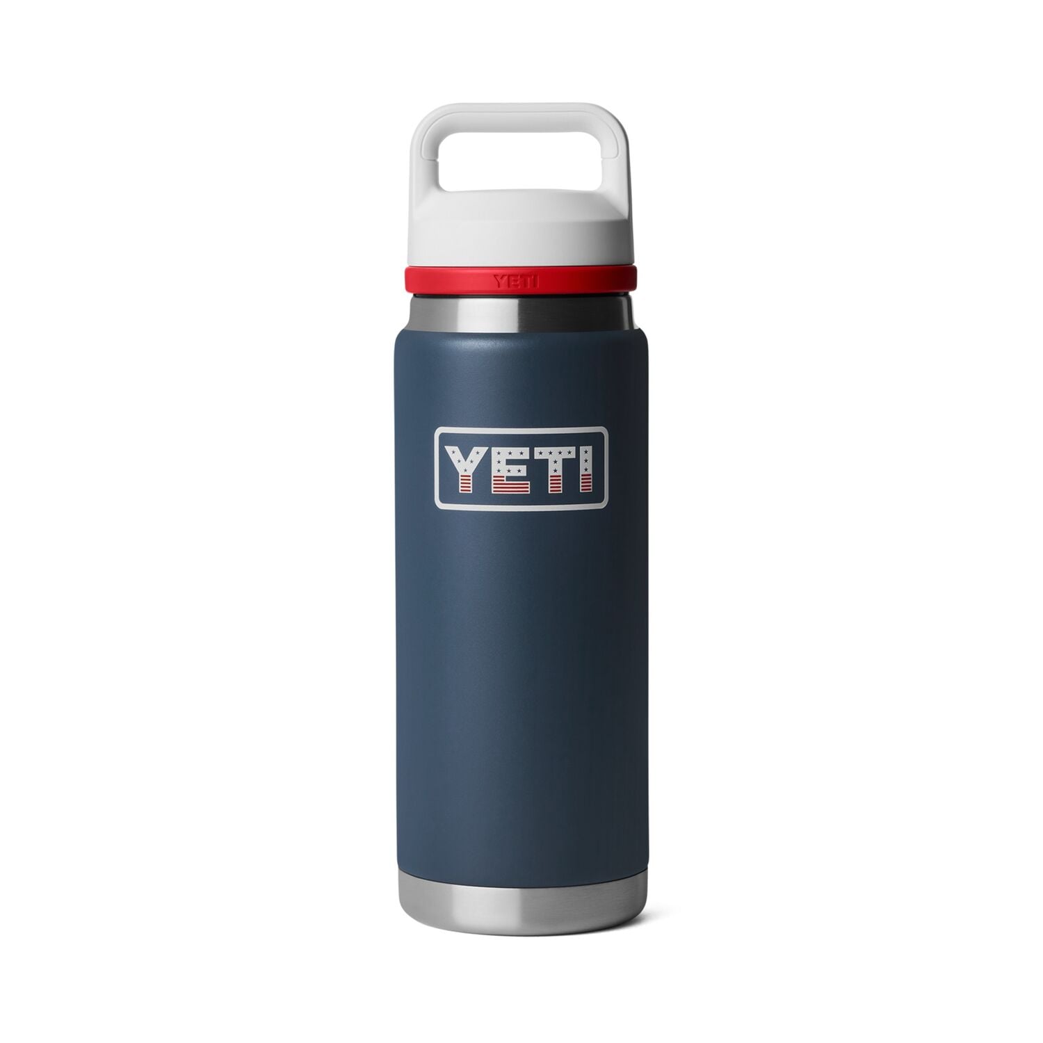 YETI Rambler Water Bottle with Color-Blocked Chug Cap, Navy/White/Rescue Red Badge, 26 oz.