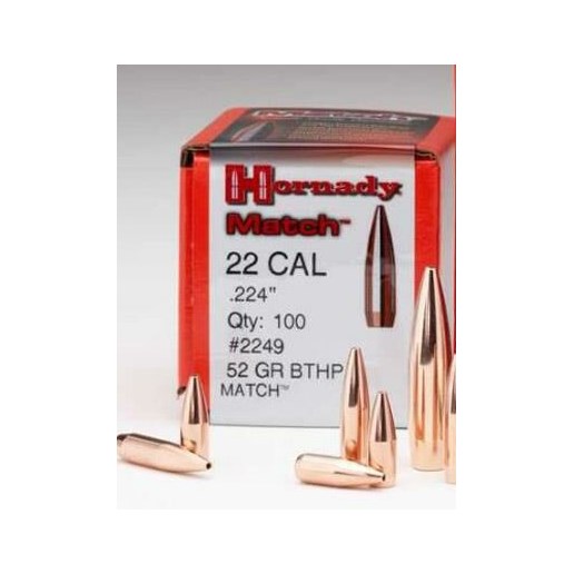 Hornady .224 Diameter, 52 Grain, Boat Tail Hollow Point Match Reloading Bullets - 100 Count