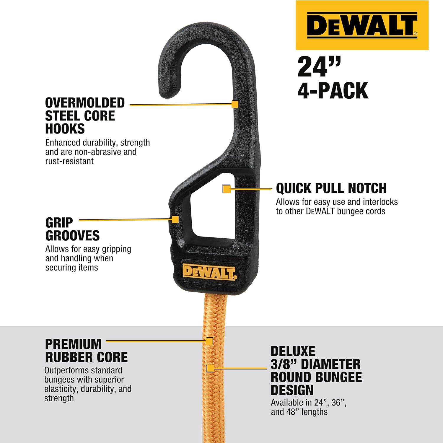 DeWalt Heavy Duty Bungee Cords, 24-In, 4-Pk