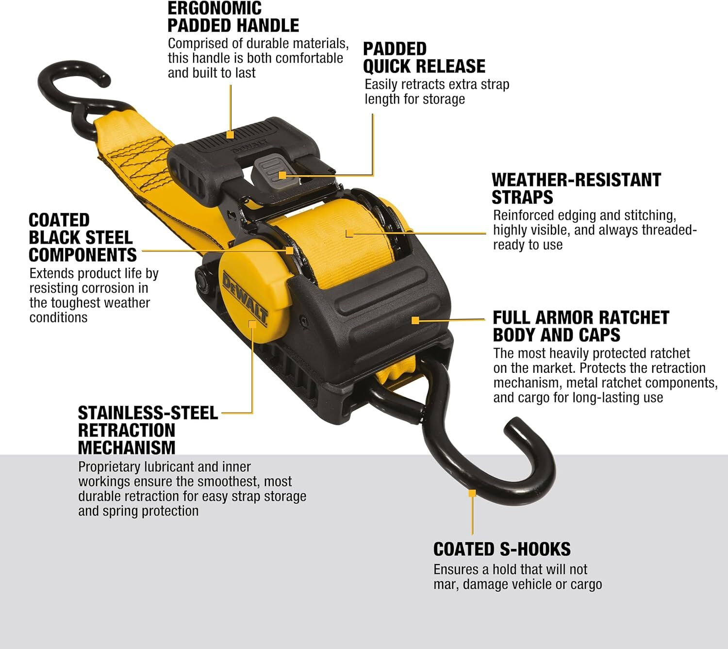 DeWalt Auto Retractable Ratchet Straps, 2-In x 10-Ft, 2-Pk