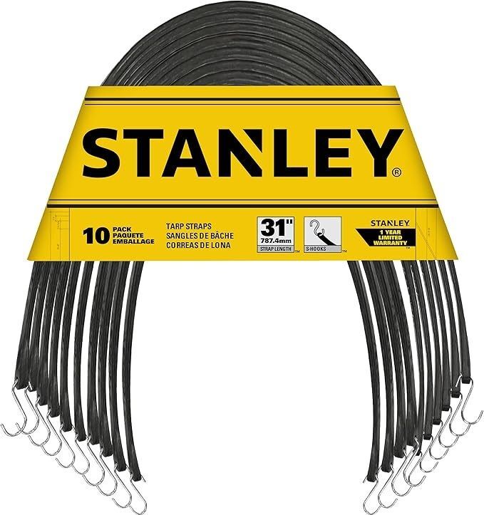Stanley Black All-Weather Rubber Bungee Cords with S-Hooks, 31-In, 10-Pk