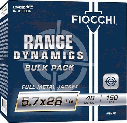 Fiocchi Range Dynamics 5.7x28mm, 40 Grain FMJ Pistol Ammo, 150-Rd