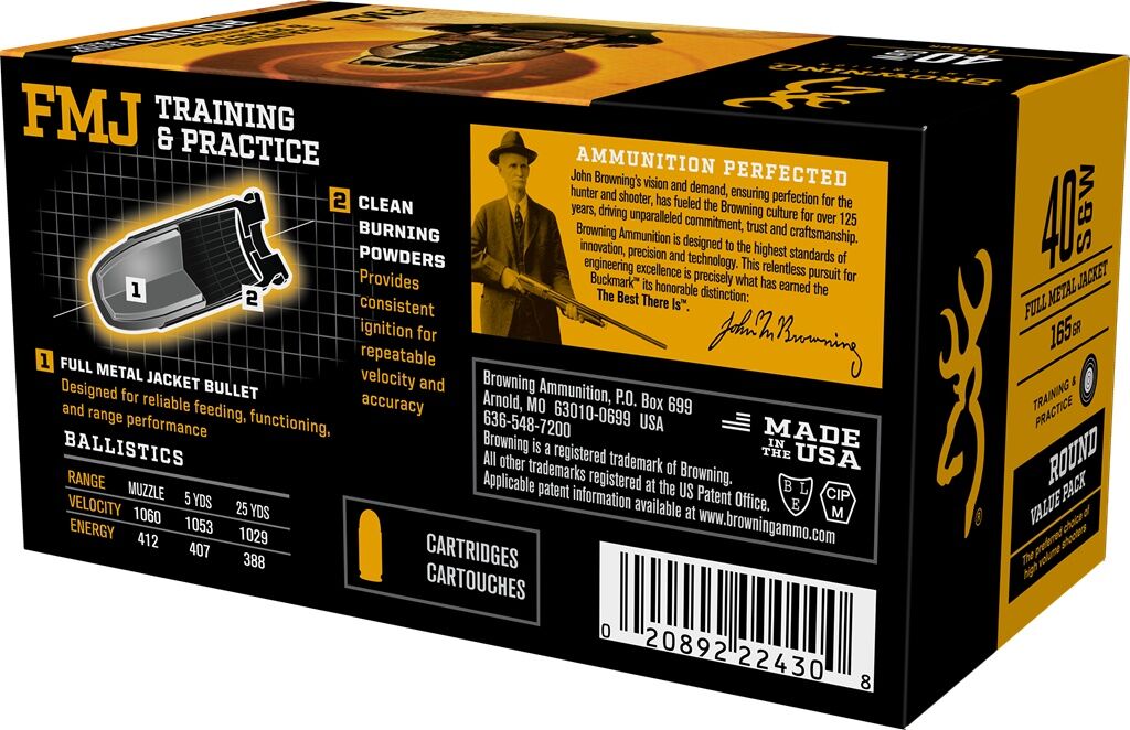 Browning Training & Practice .40 S&W, 165 Grain Full Metal Jacket Pistol Ammo, 50-Rd