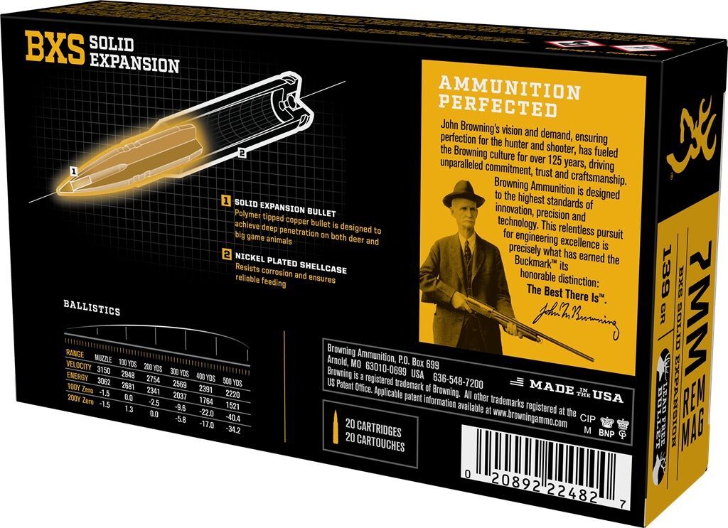 Browning 7mm Rem Mag, 139 Grain BXS Solid Expansion Polymer Tip Rifle Ammo, 20-Rd