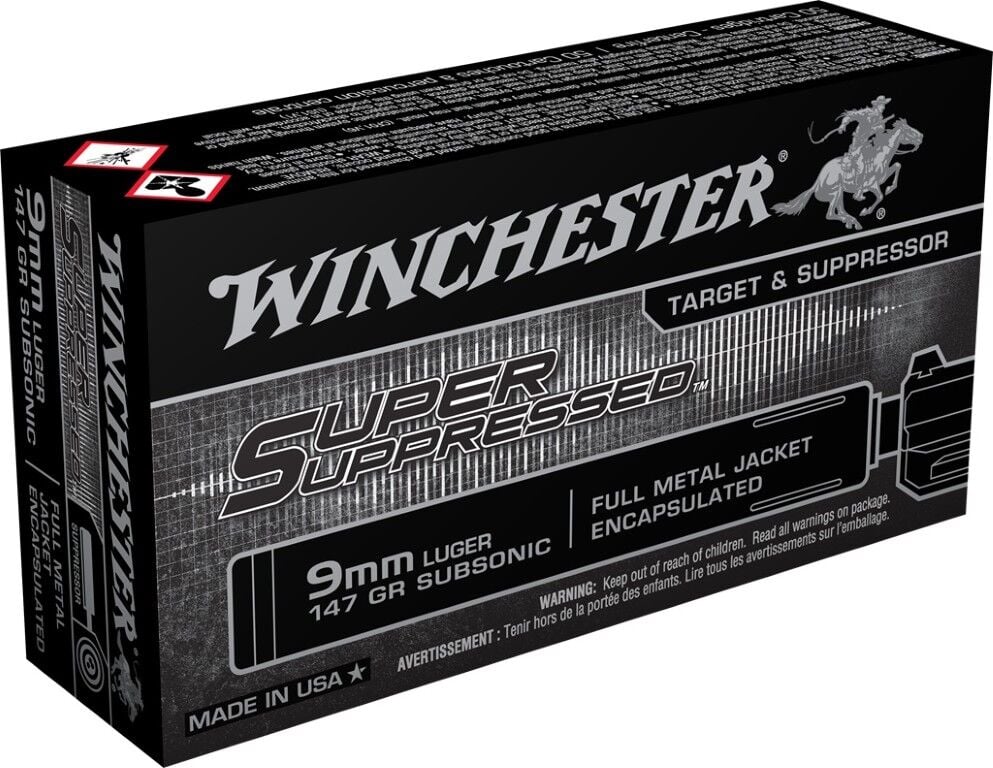 Winchester Super Suppressed 9mm, 147 Grain Full Metal Jacket Encapsulated Pistol Ammo, 50 rd.