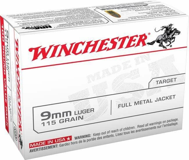 Winchester 9MM, 115 Grain FMJ Ammo, 100 Rd