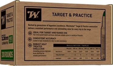 Winchester Target & Practice 5.56 NATO, 62 Grain Green Tip Full Metal Jacket Rifle Ammo, 200-Rd