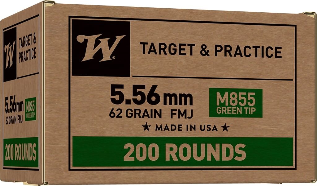 Winchester Target & Practice 5.56 NATO, 62 Grain Green Tip Full Metal Jacket Rifle Ammo, 200-Rd