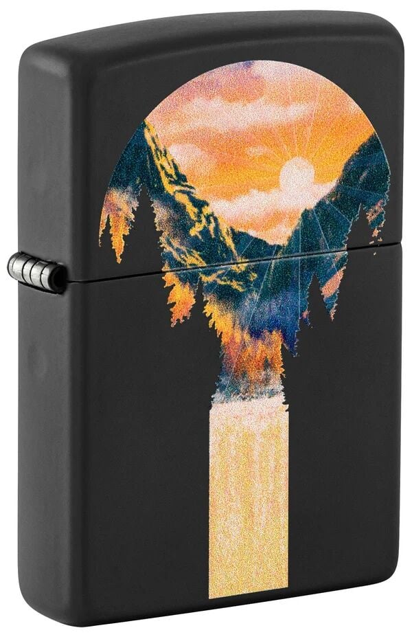 Zippo Mountain Waterfall Design Black Matte Lighter - Camp Fire