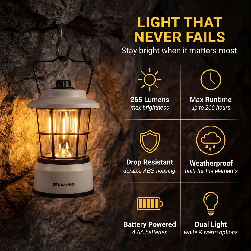 LUXPRO LP1535 Black Retro LED Lantern, 265 Lumen