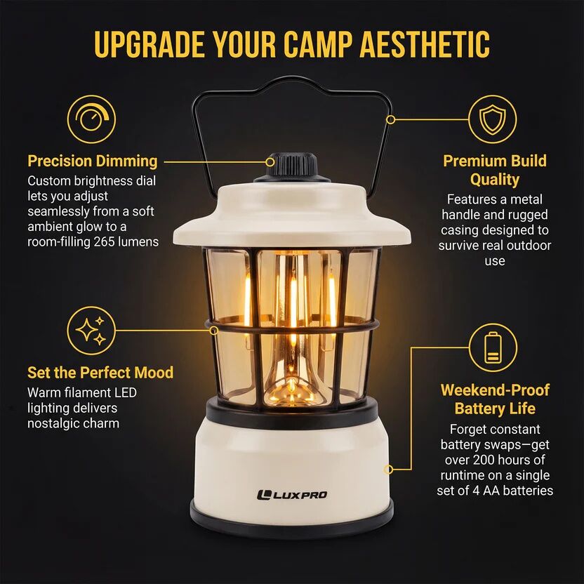 LUXPRO LP1535 Black Retro LED Lantern, 265 Lumen