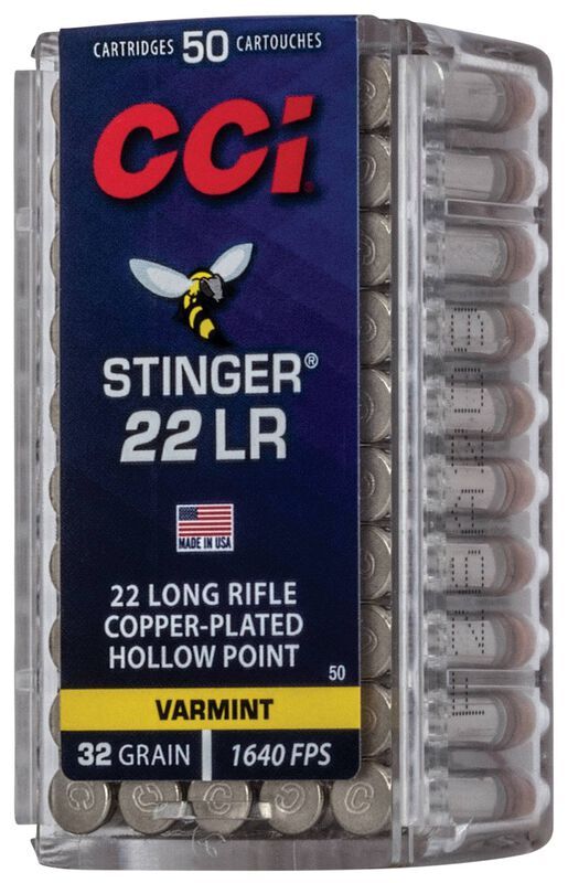 CCI Stinger .22 LR, 32 Grain Copper Plated Hollow Point Rifle Ammo, 50-Rd