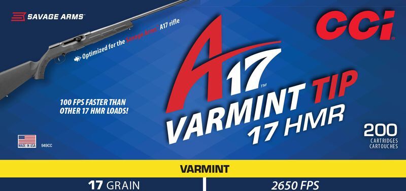 CCI A17 .17 HMR, 17 Grain Tipped Varmint Rifle Ammo, 200-Rd
