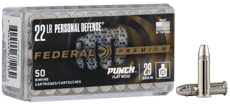 Federal Personal Defense Punch Rimfire .22 LR, 29 Grain Nickel Plated Flat Nose Rifle Ammo, 50-Rd
