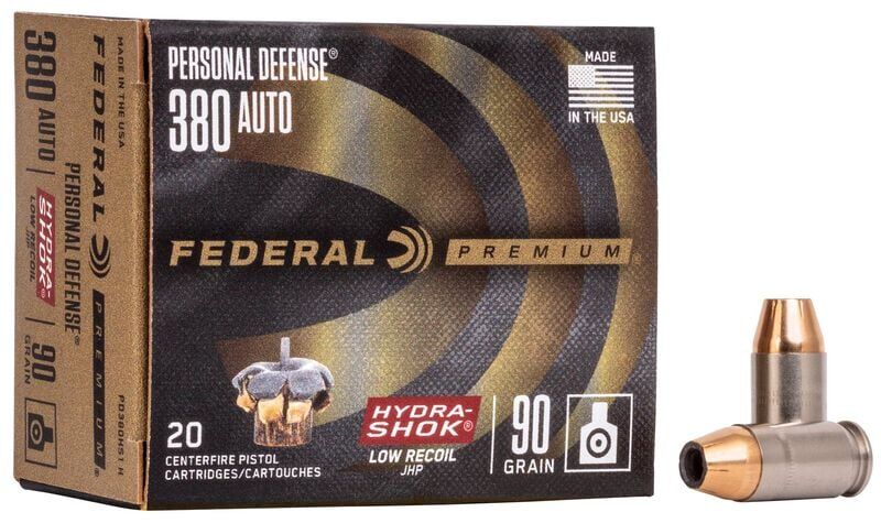 Federal Personal Defense Hydra-Shok .380 Auto, 90 Grain Jacketed Hollow Point Pistol Ammo, 20-Rd