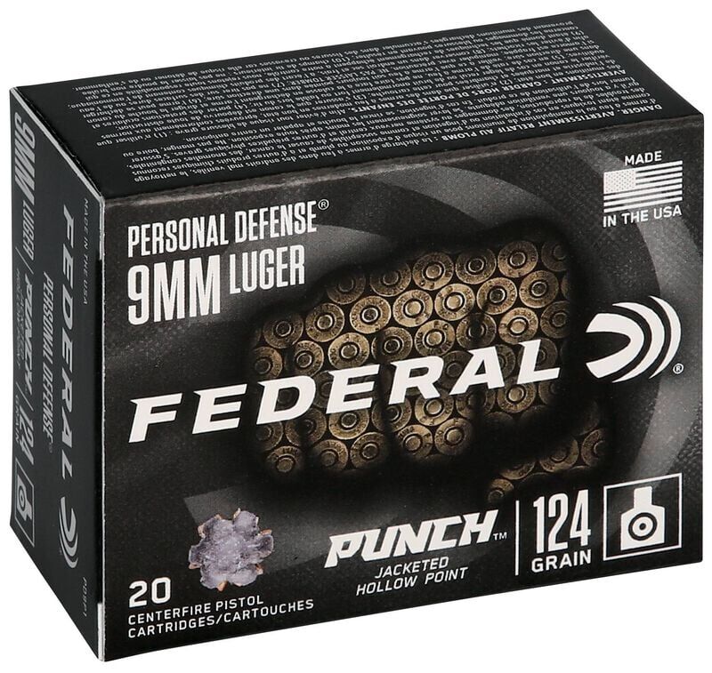 Federal Personal Defense Punch 9mm, 124 Grain Jacketed Hollow Point Pistol Ammo, 20-Rd