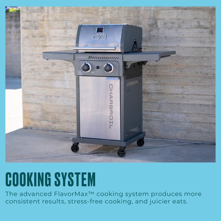 Charbroil Grey Stainless Performance Series FlavorMax 2 Burner Gas Grill with Foldable Side Shelves