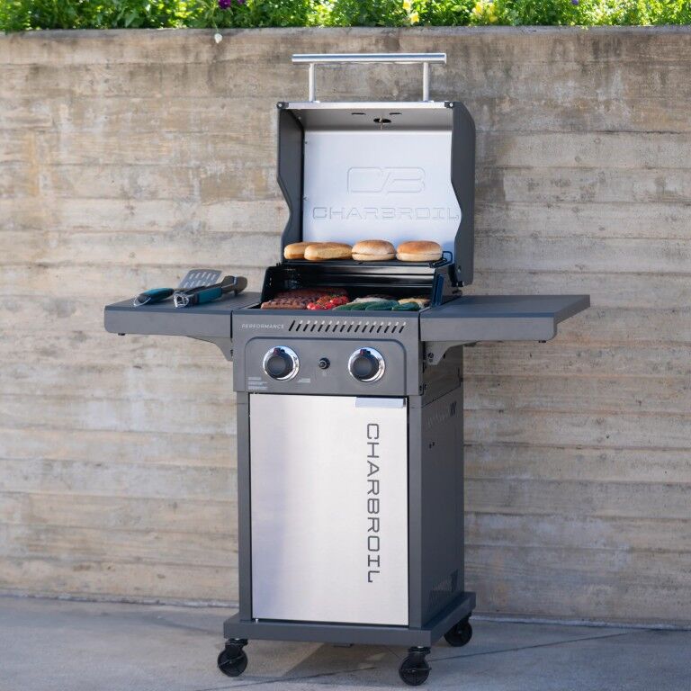 Charbroil Grey Stainless Performance Series FlavorMax 2 Burner Gas Grill with Foldable Side Shelves