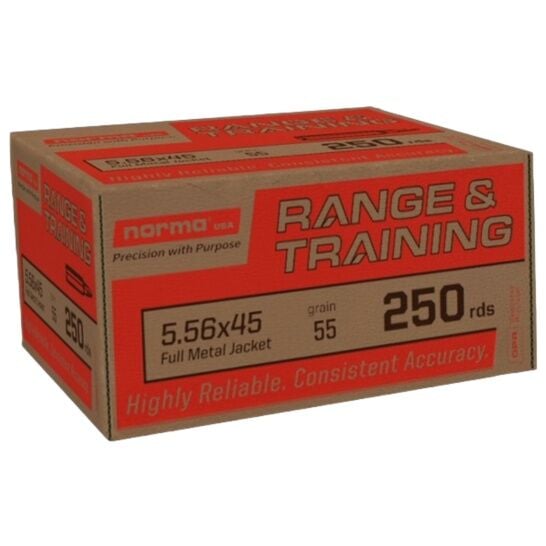 Norma Range & Training 5.56 NATO 55 Grain Full Metal Jacket Rifle Ammo, 250 rd.