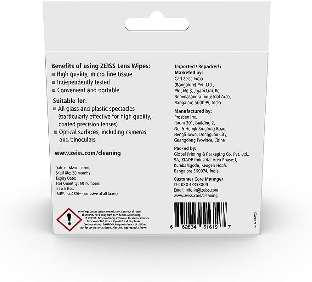 Zeiss Lens Wipes, 60-Ct