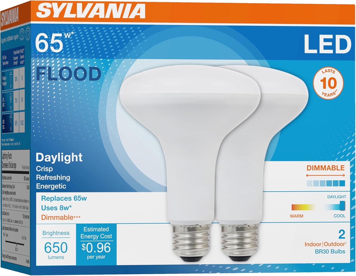 Sylvania BR30 8 Watt Frosted Daylight Dimmable LED Flood Light Bulb, 2-Pk