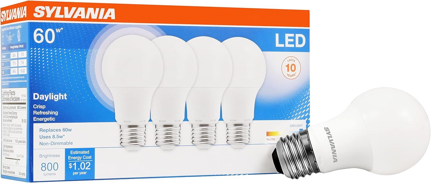 Sylvania A19 8.5 Watt Frosted Daylight LED Light Bulb, 4-Pk