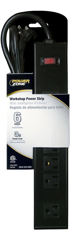 PowerZone Black 6-Outlet Workshop Power Strip With Right Angle Plug, 15-A, 125-V, 3-Ft