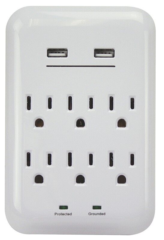 PowerZone White 6-Outlet 2-USB Charger With Surge Protection, 15-A, 125-V, 1200-J