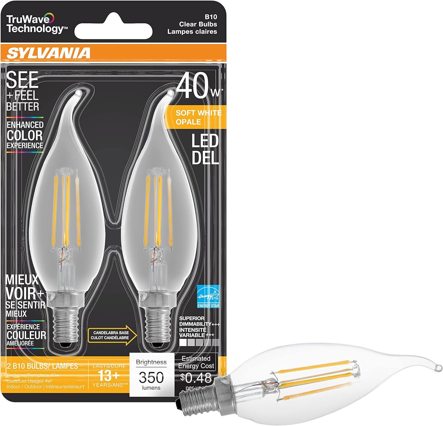 Sylvania TruWave Natural Series B10 4 Watt Soft White Opal Dimmable LED Light Bulb, 2-Pk