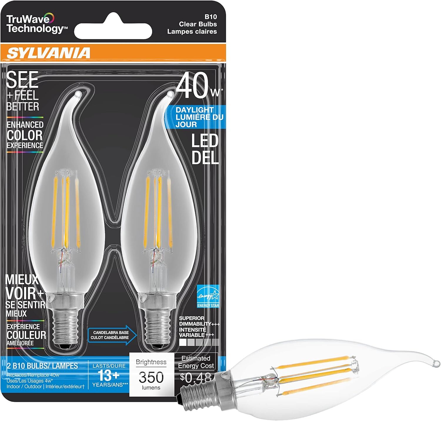 Sylvania TruWave B10 4 Watt Daylight Dimmable LED Light Bulb, 2-Pk