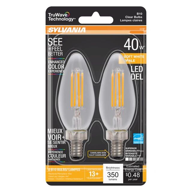 Sylvania TruWave B10 Chandelier Light Bulb, 40-W, 2-Pk
