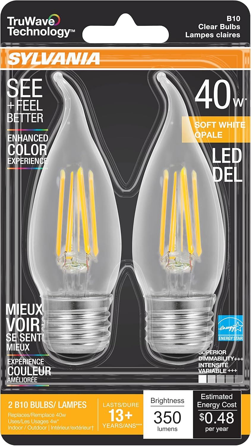 Sylvania TruWave B10 4 Watt Soft White Dimmable E26 LED Light Bulb, 2-Pk