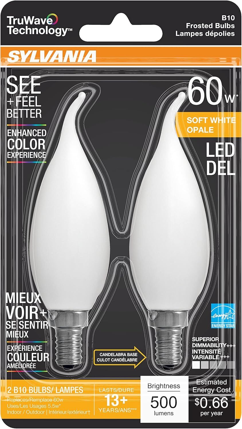 Sylvania TruWave B10 Frosted Soft White Dimmable E12 LED Light Bulb, 2-Pk