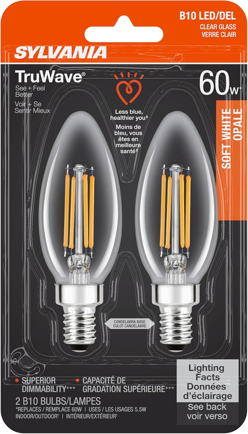 Sylvania TruWave B10 Chandelier Light Bulb, 60-W, 2-Pk