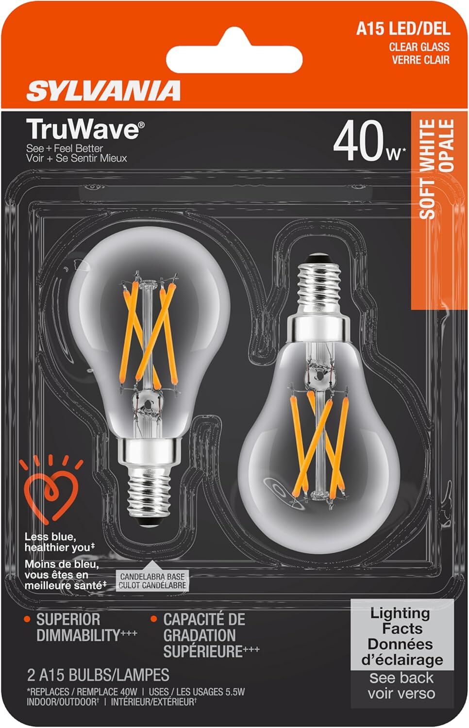 Sylvania TruWave A15 5.5 Watt Soft White Dimmable E12 LED Light Bulb, 2-Pk