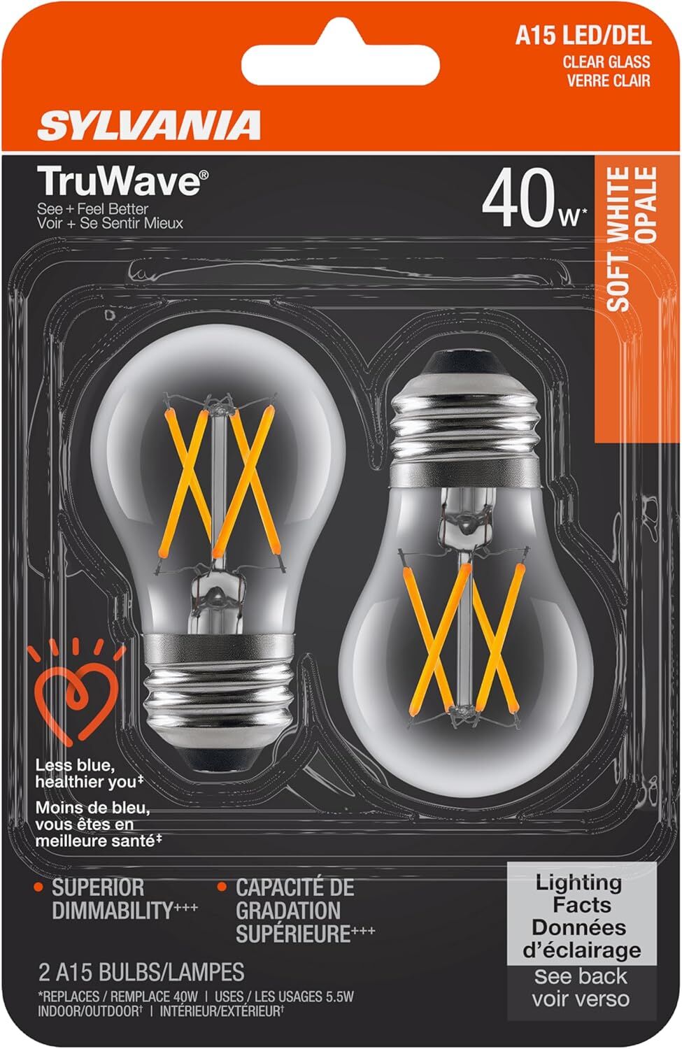 Sylvania TruWave A15 5.5 Watt Soft White Dimmable‎ E26 LED Light Bulb, 2-Pk