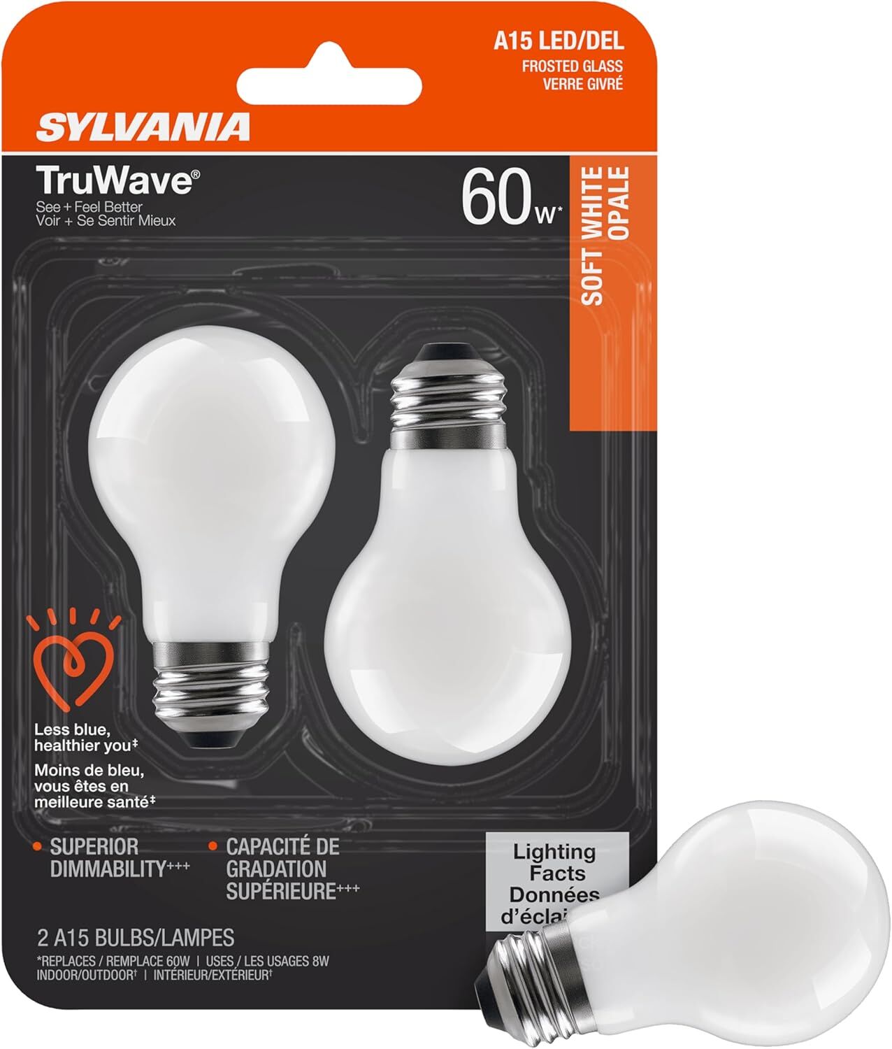Sylvania TruWave Natural Series A15 8 Watt Frosted Soft White Dimmable LED Light Bulb, 2-Pk