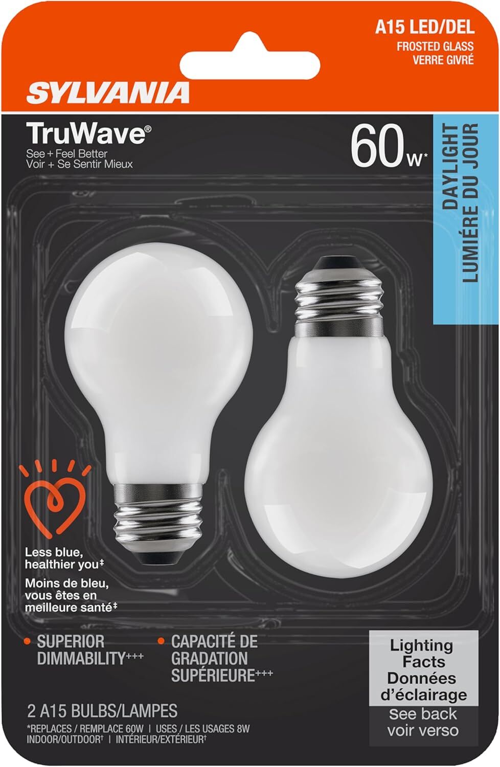 Sylvania TruWave A15 8 Watt Frosted Daylight Dimmable E26 LED Light Bulb, 2-Pk