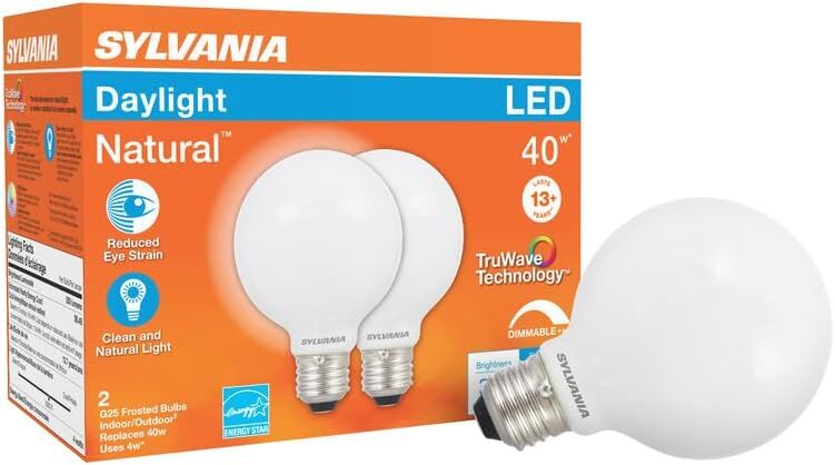 Sylvania TruWave G25 4 Watt Frosted Daylight Dimmable LED Light Bulb, 2-Pk