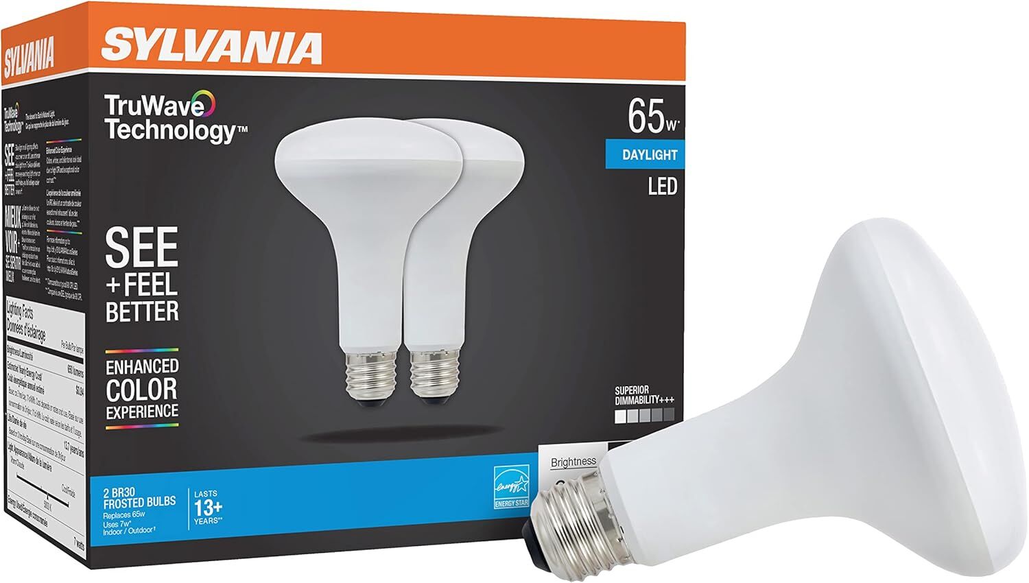 Sylvania TruWave Natural Series BR30 7 Watt Daylight Dimmable LED Light Bulb, 2-Pk