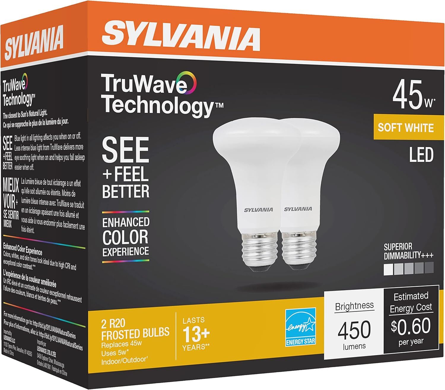 Sylvania TruWave R20 5 Watt Frosted Soft White Dimmable LED Flood Light Bulb, 2-Pk