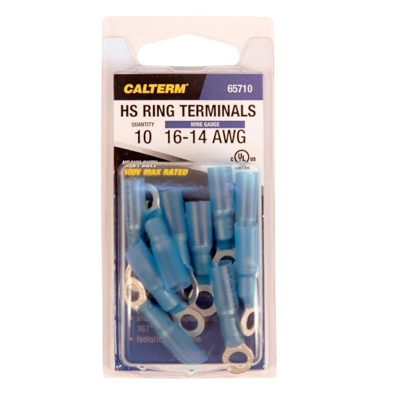 Calterm Blue Adhesive Lined Heat Shrink Ring Terminals, 16-14 Gauge, 10-Pk
