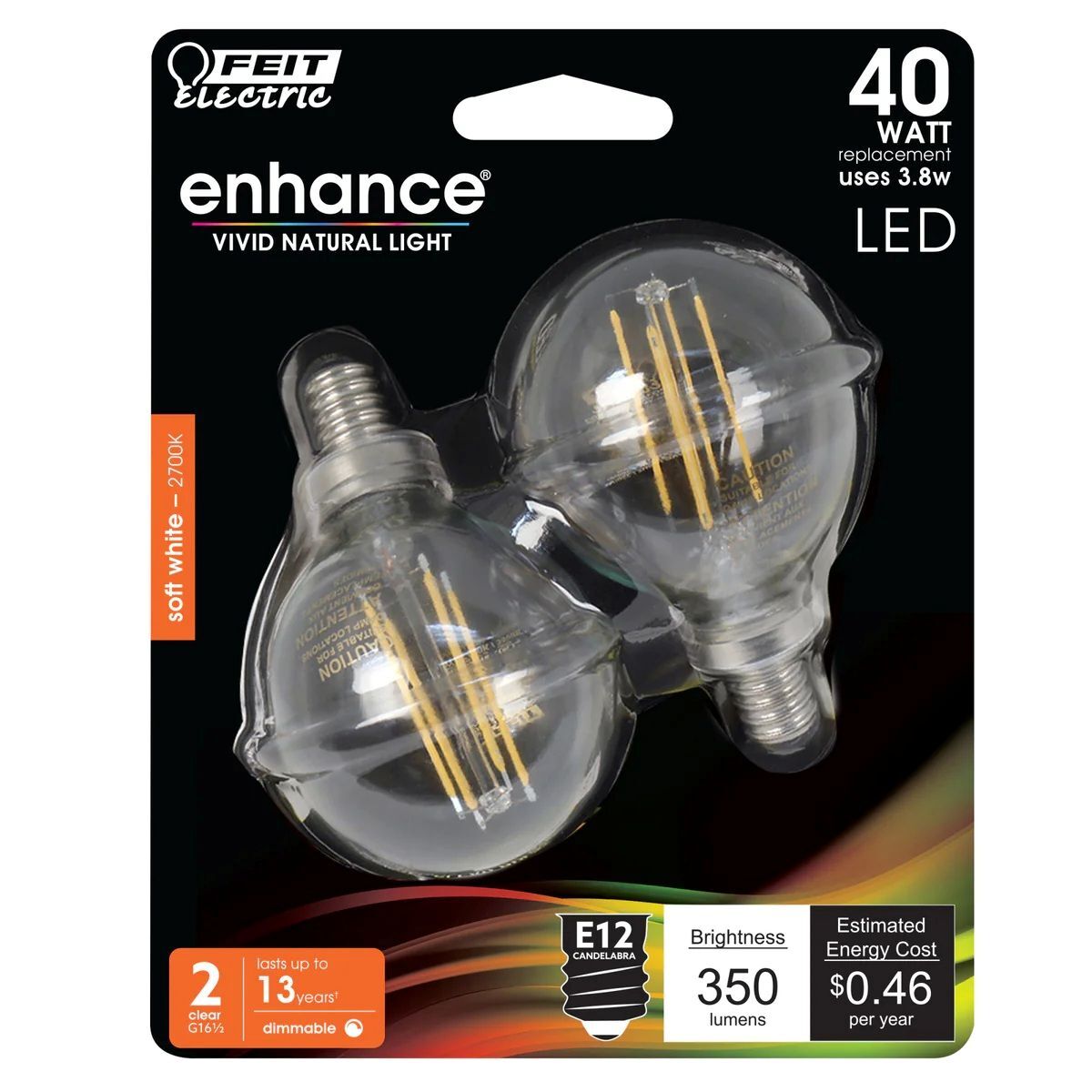 Feit Electric 40W Replacement G16 1/2 Soft White Dimmable Enhance Glass Filament Globe LED, 2-Pk