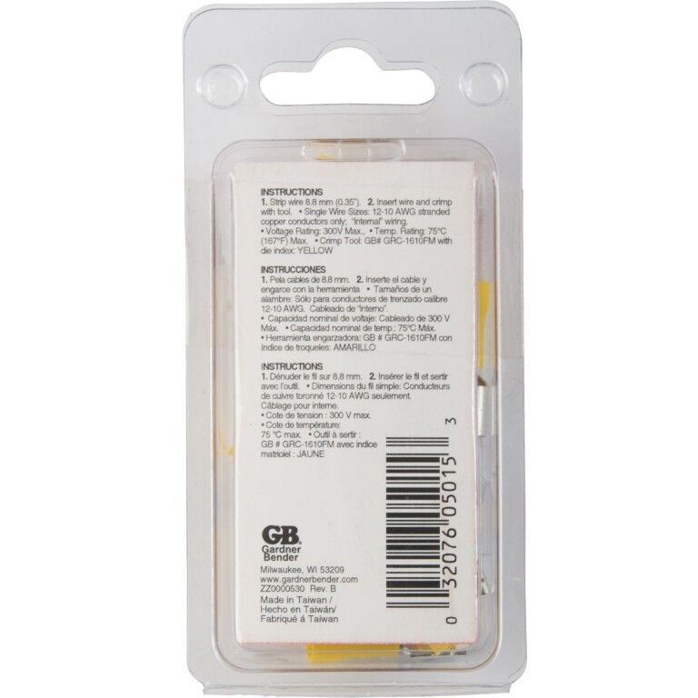 Gardner Bender Yellow Vinyl-Insulated Female Disconnect Crimp Terminal, 12-10 Gauge, 1/4-In, 16-Pk