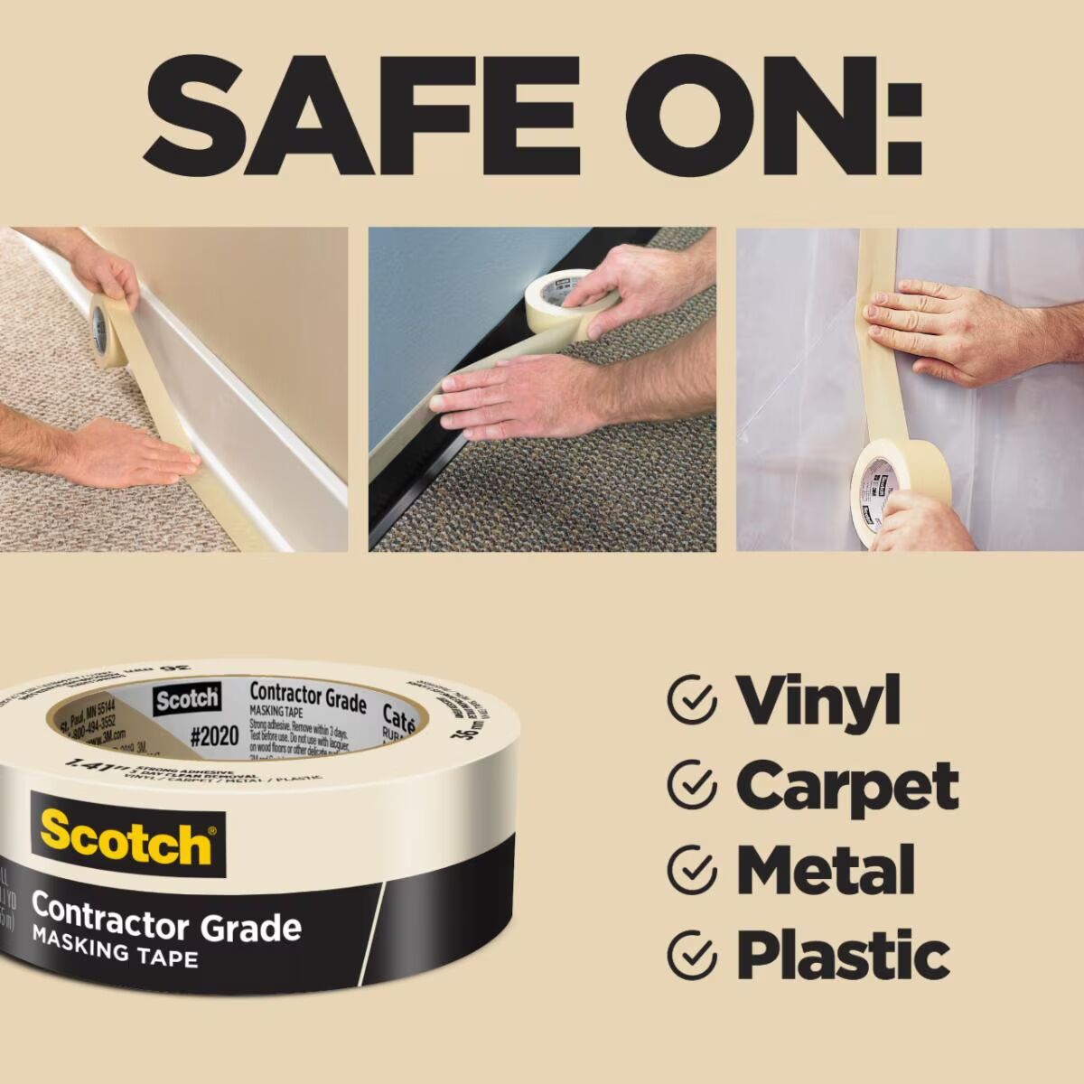 Scotch Contractor Grade Masking Tape 2020, 1.41-In x 60-Yd