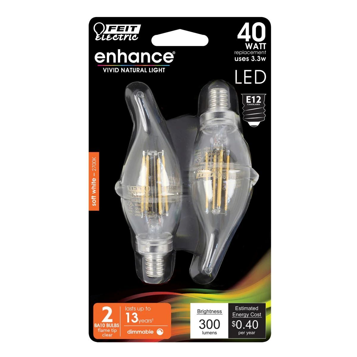 Feit Electric 3.3W Soft White Clear BA10 Dimmable LED Filament Enhance Lights, 2-Pk